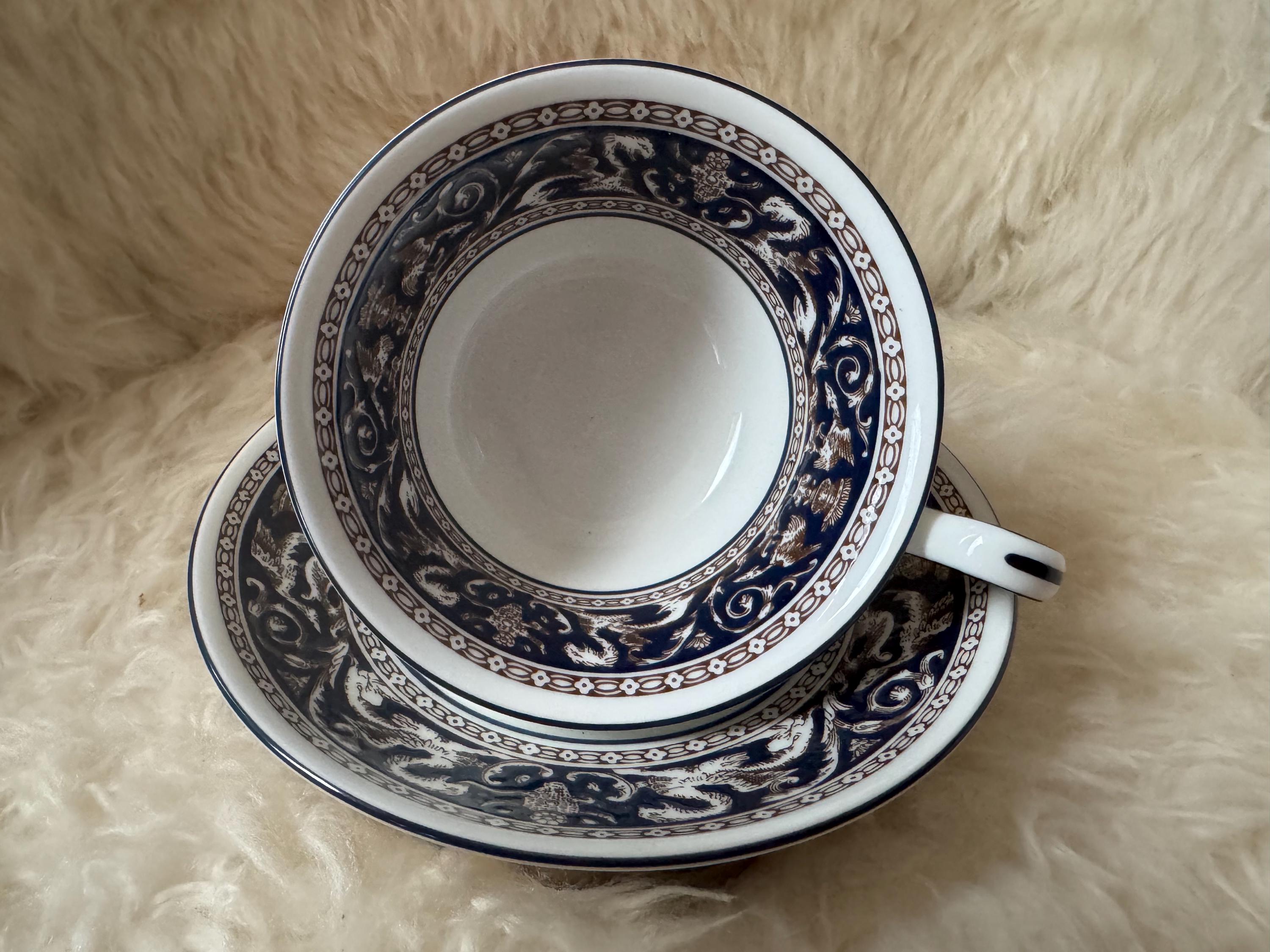 Wedgwood Florentine Teacup & Saucer – Blue Brown – Bone China England