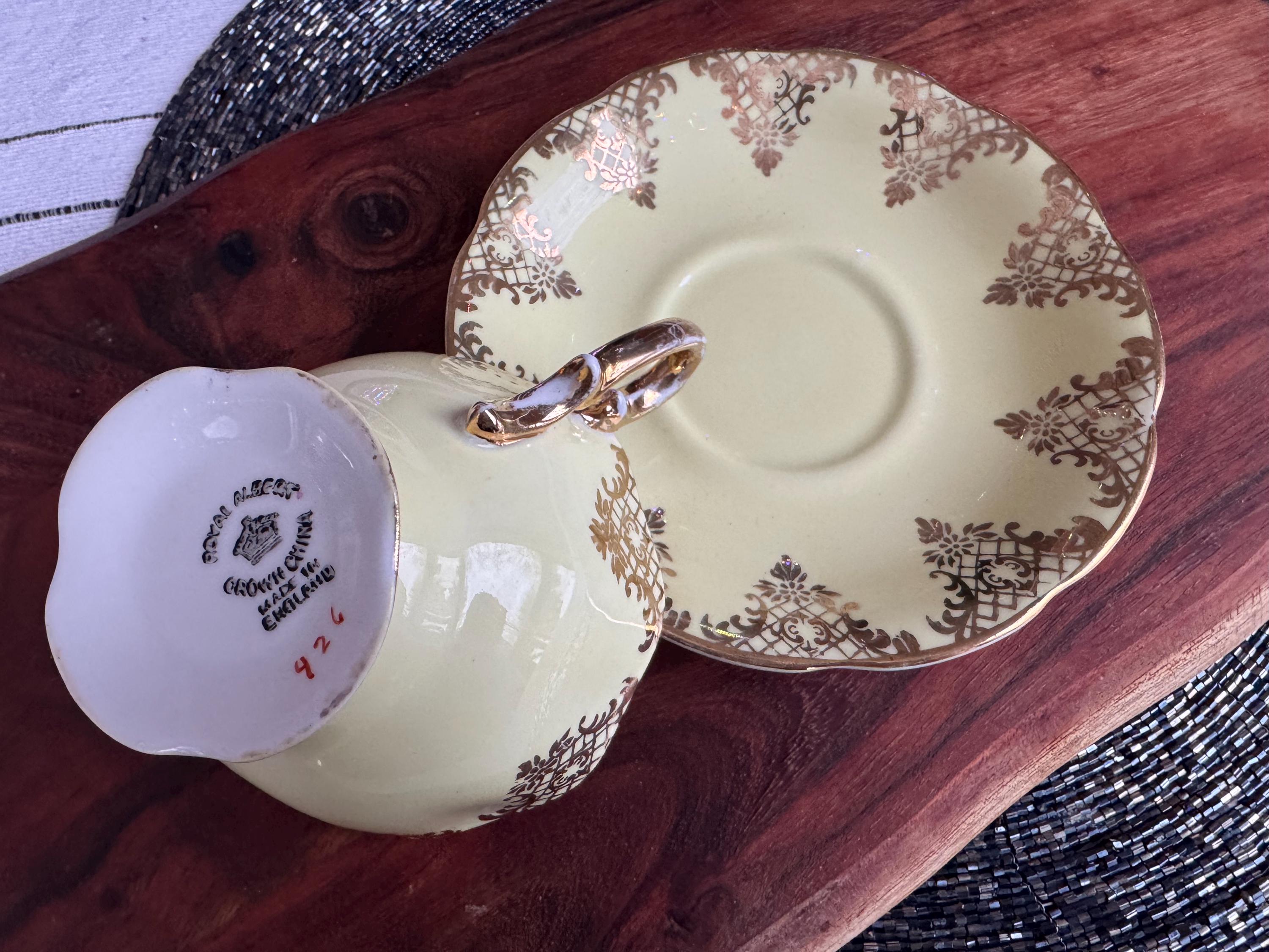 Royal Albert Bone China Teacup & Saucer - Pattern 426 - Elegant Vintage Yellow with Gold Design