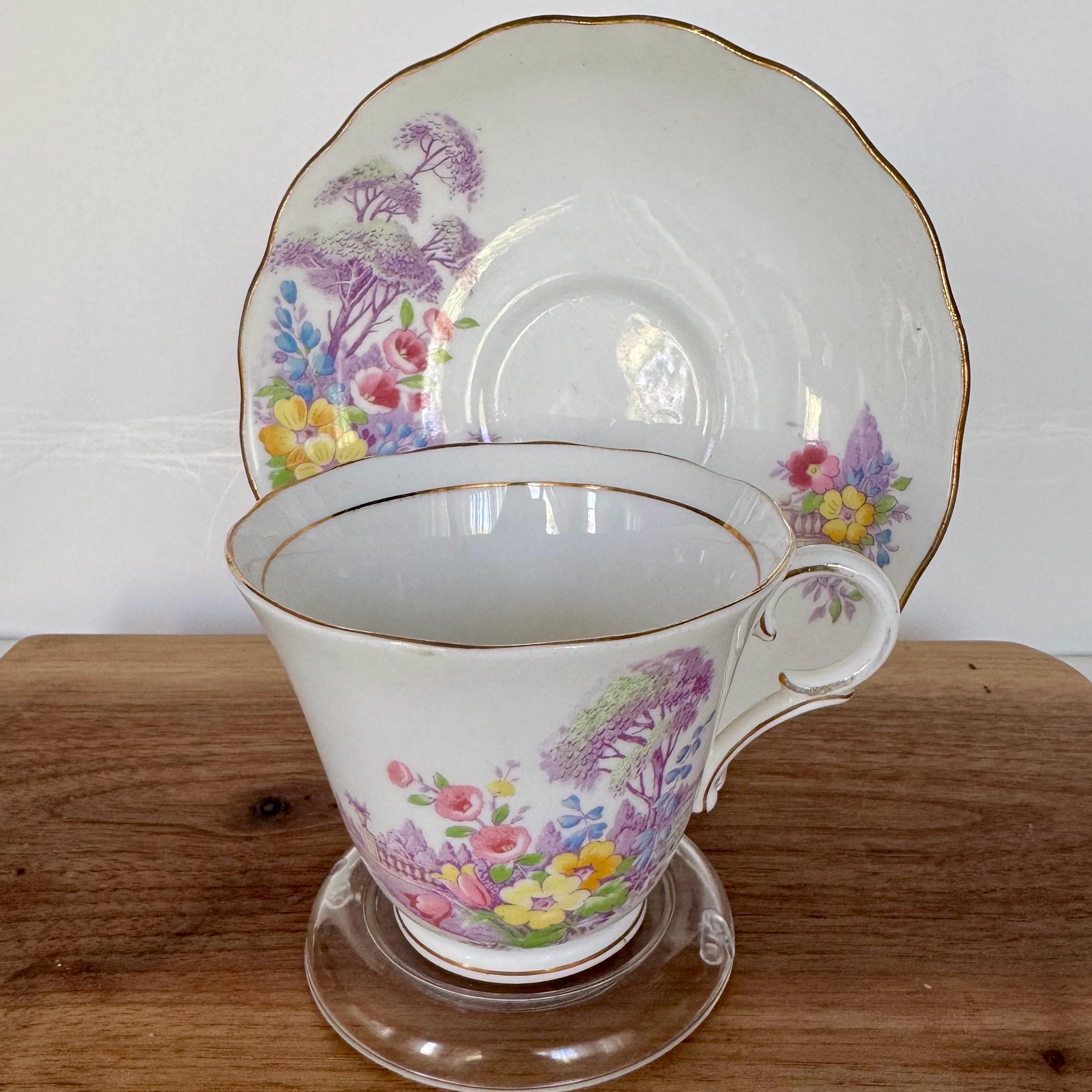 Vintage Colclough Bone China Teacup & Saucer – English Cottage Garden Scene – Made in Longton, England