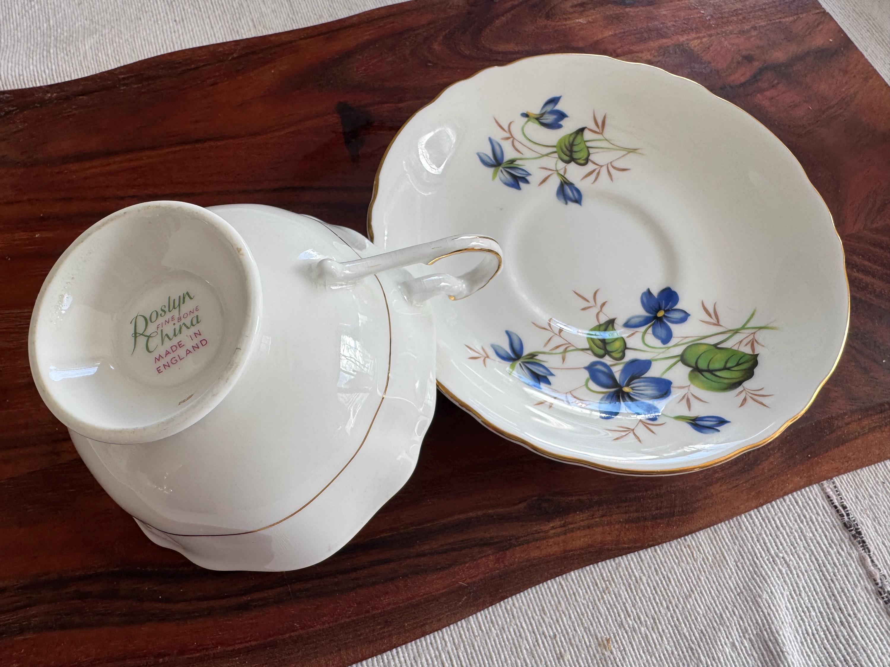 Roslyn Bone China Teacup & Saucer - Delicate Blue Floral Design