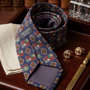 May include: A navy blue necktie featuring a repeating pattern of colourful heraldic crests and geometric shapes. The tie includes a label reading Christopher Barnes. Beside it are two gold-toned cufflinks with crest designs and a metal letter opener.