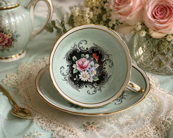 Vintage Paragon Teacup Saucer – Pale Aqua Floral Medallion Gold Trim Bone China