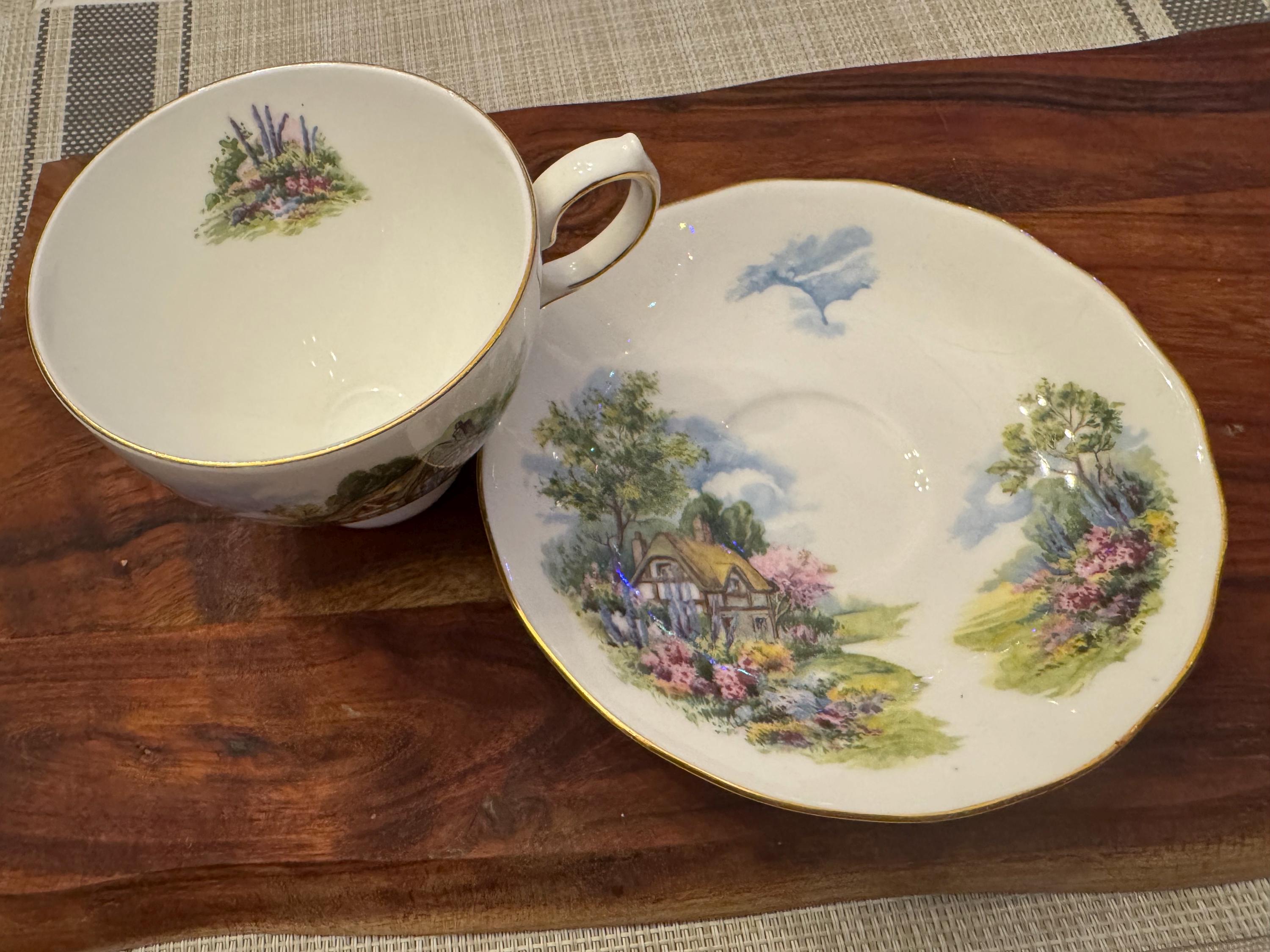 Vintage Royal Vale Countryside Houses Tea Cup and Saucer Set - Fine Bone China