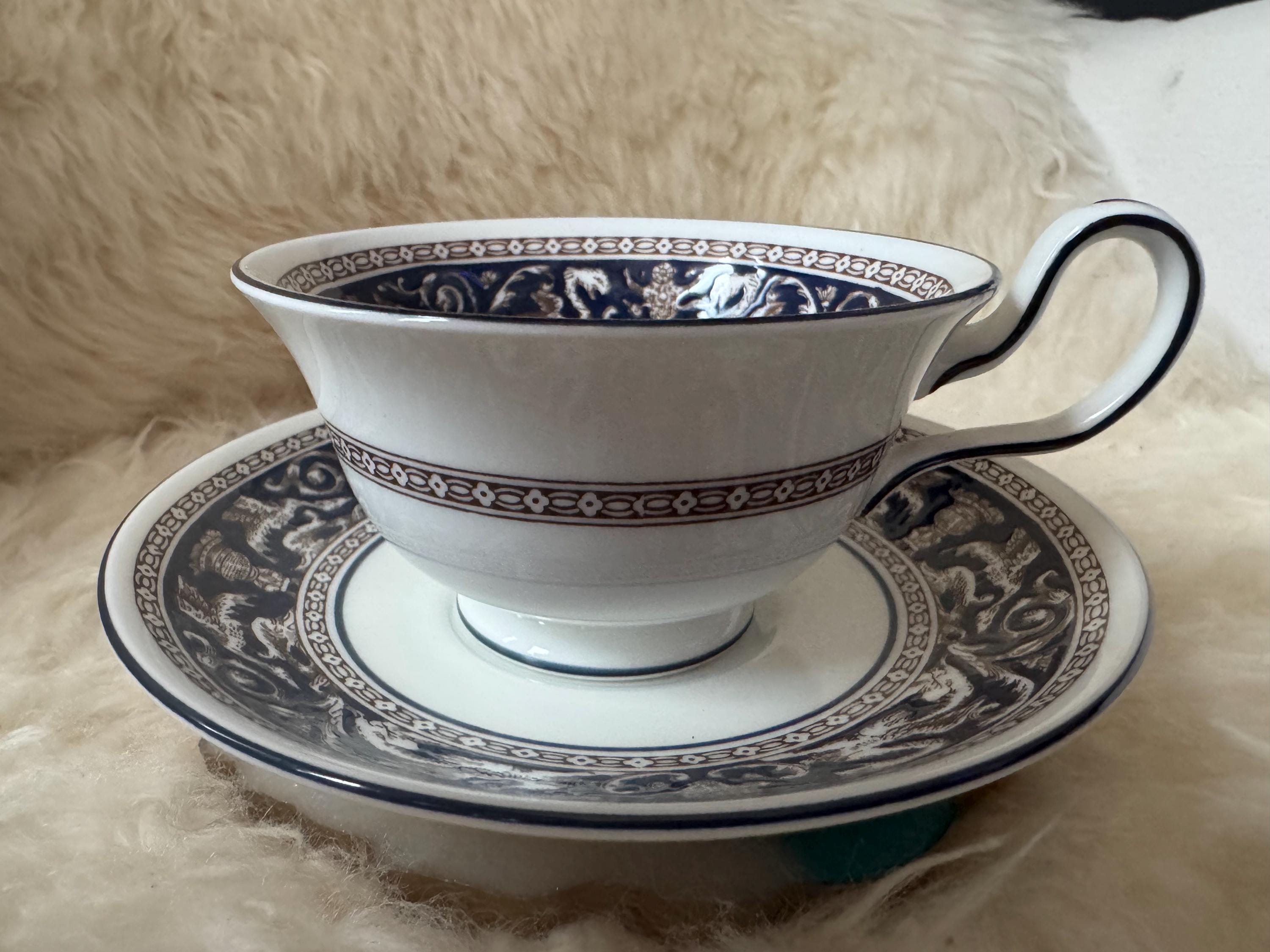 Wedgwood Florentine Teacup & Saucer – Blue Brown – Bone China England