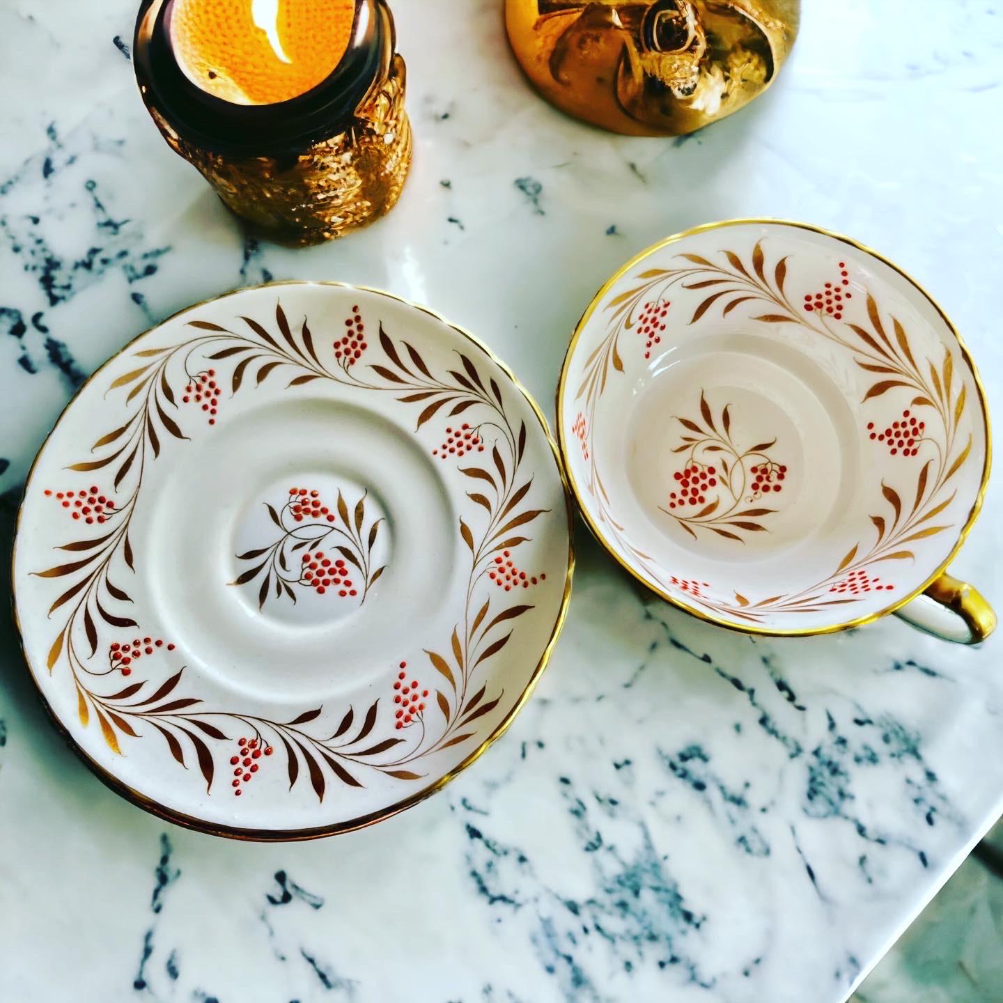 Vintage Bacchus Fine Bone China Teacup and Saucer — Gold Vine & Red Berry, England