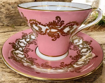 Vintage Aynsley Pattern 1215 Pink Gold Baroque Teacup & Saucer – English Bone China