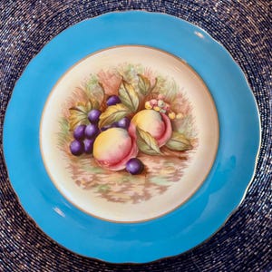 May include: A decorative plate with a light blue rim and a central design featuring peaches and grapes. The fruit is surrounded by green leaves and rests on a cream-colored background. The plate is set on a dark blue placemat.