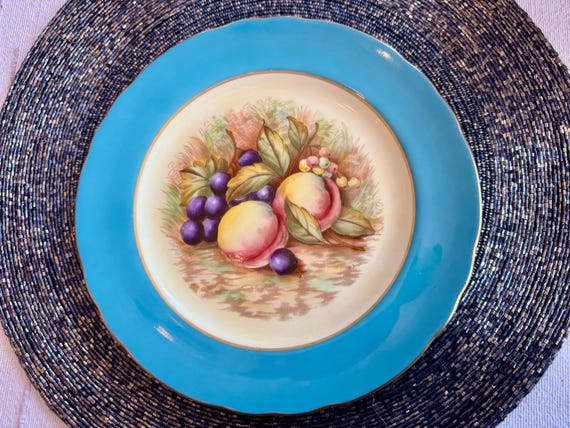 Vintage Aynsley Orchard Fruit Salad Plate: Hand-Painted Fine Bone China, Turquoise Rim