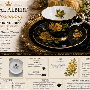 Pode incluir: Um conjunto de ch&aacute;vena e pires de porcelana fina Royal Albert Rosemary com fundo preto, padr&otilde;es de rosas amarelas e rebordo dourado. A ch&aacute;vena mede 9,53 cm de di&acirc;metro e 6,99 cm de altura, com um pires de 13,97 cm de di&acirc;metro.