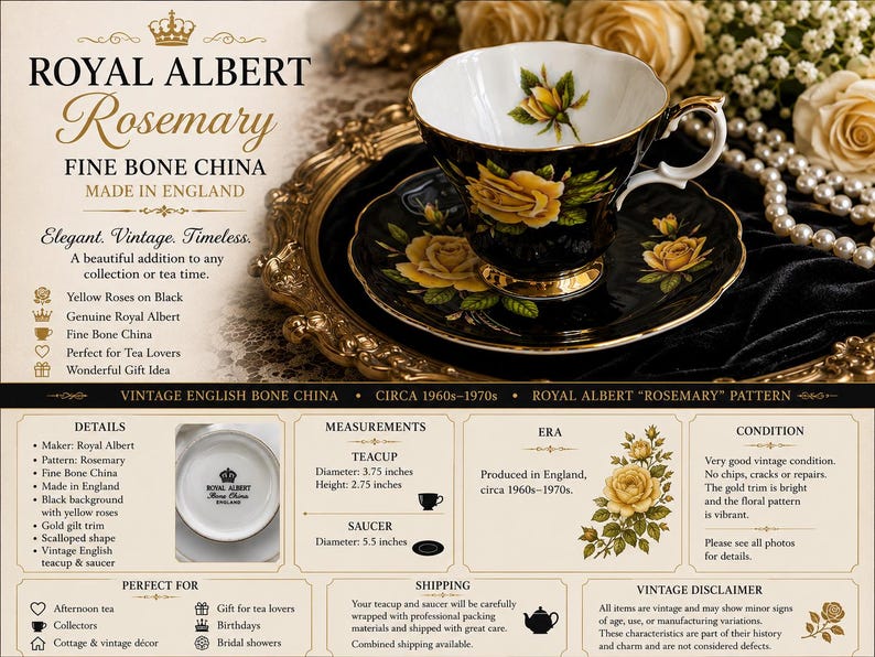 Pode incluir: Um conjunto de ch&aacute;vena e pires de porcelana fina Royal Albert Rosemary com fundo preto, padr&otilde;es de rosas amarelas e rebordo dourado. A ch&aacute;vena mede 9,53 cm de di&acirc;metro e 6,99 cm de altura, com um pires de 13,97 cm de di&acirc;metro.