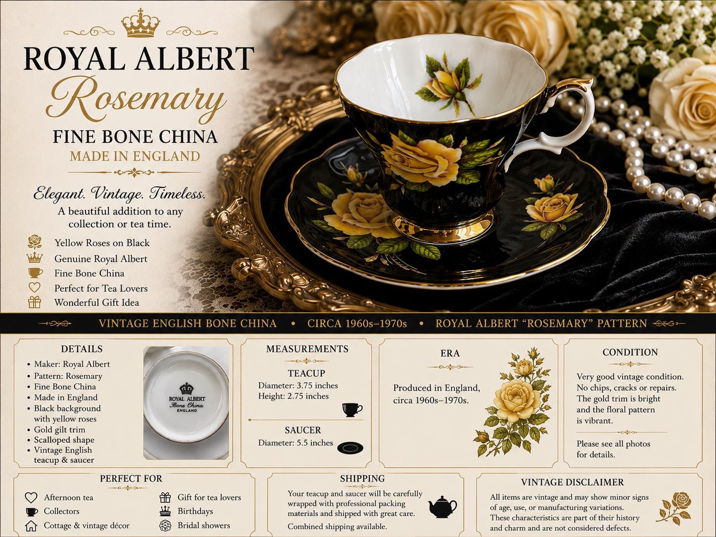Royal Albert Rosemary Teacup Saucer | Black Yellow Roses Fine China England