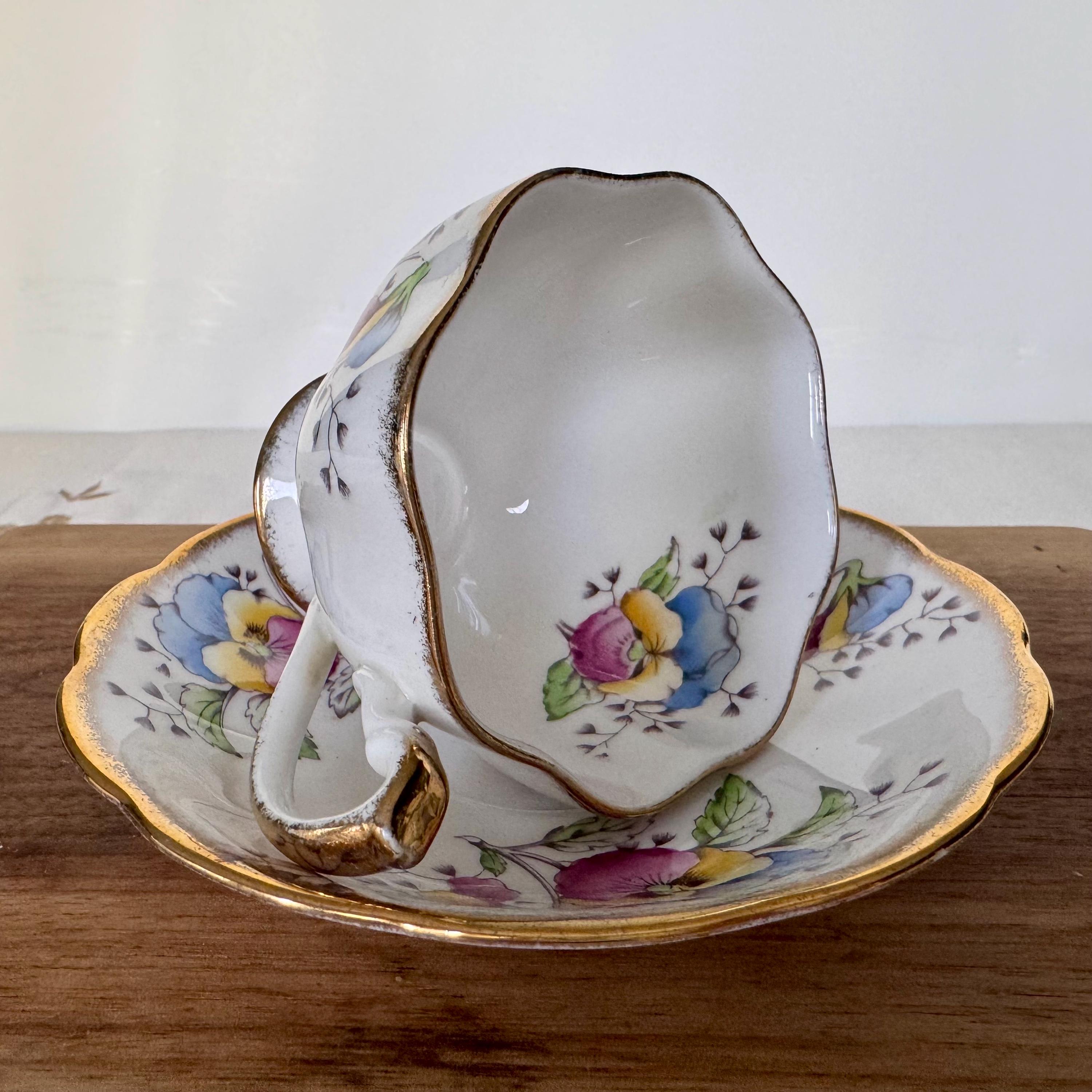 Vintage Queen Anne Teacup and Saucer – “Country Gardens: Pansy” – Multicolor Florals with Gold Trim