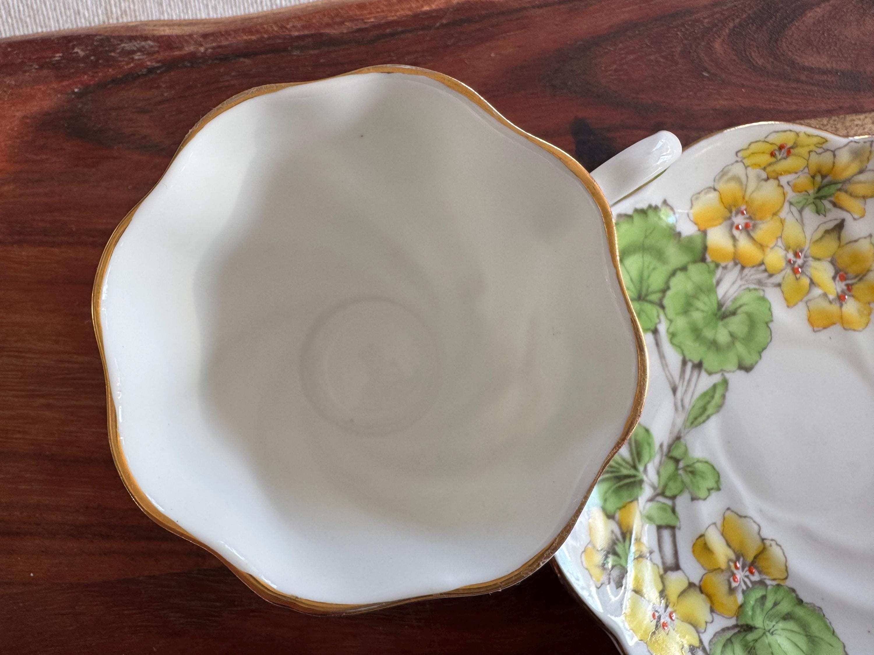 Vintage 1930s Salisbury Bone China Teacup & Saucer - “Geranium” Pattern - Yellow Floral Elegance