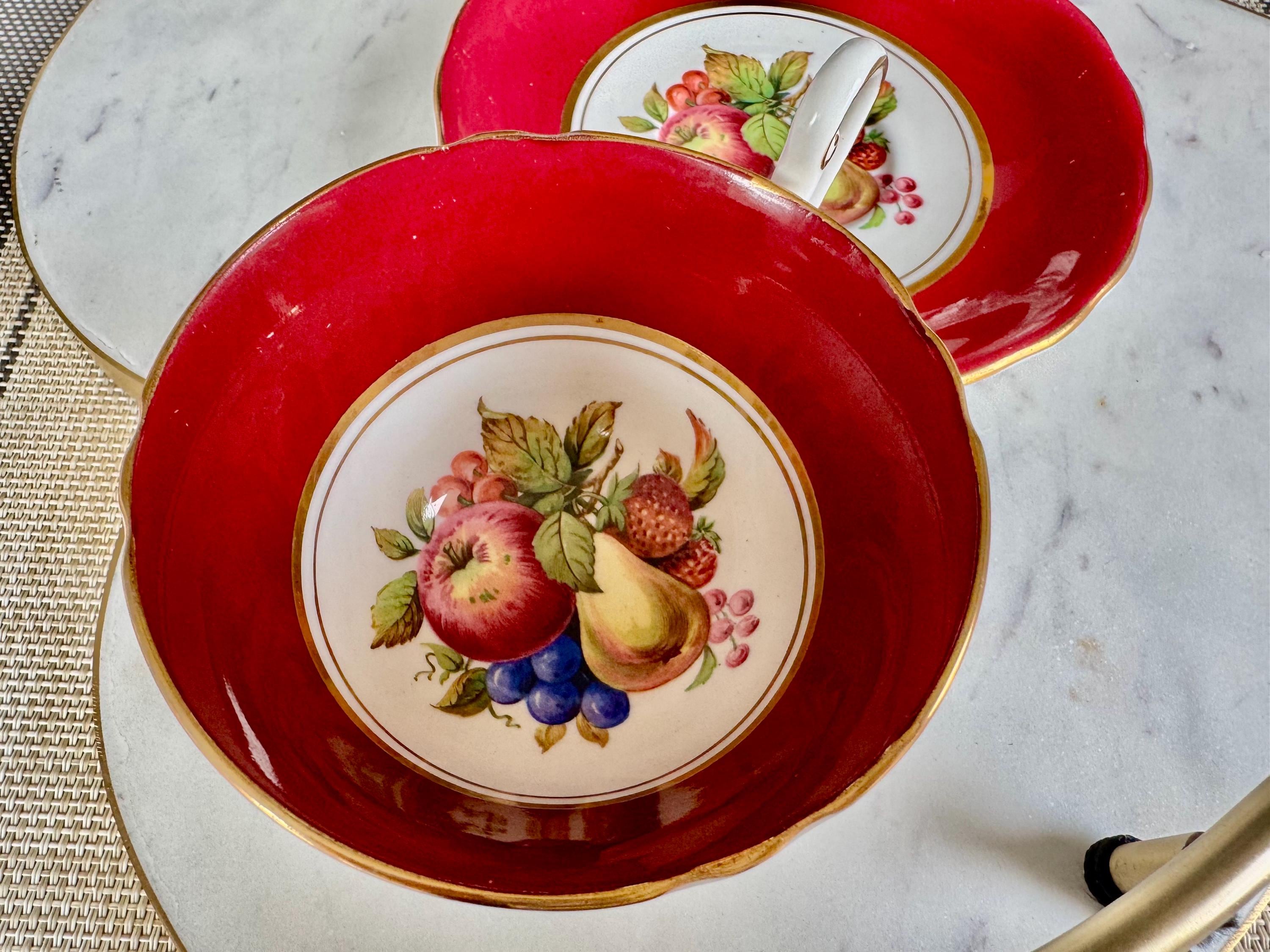 Vintage Windsor Bone China Cup & Saucer – Crimson Gold with Fruits – Made in England