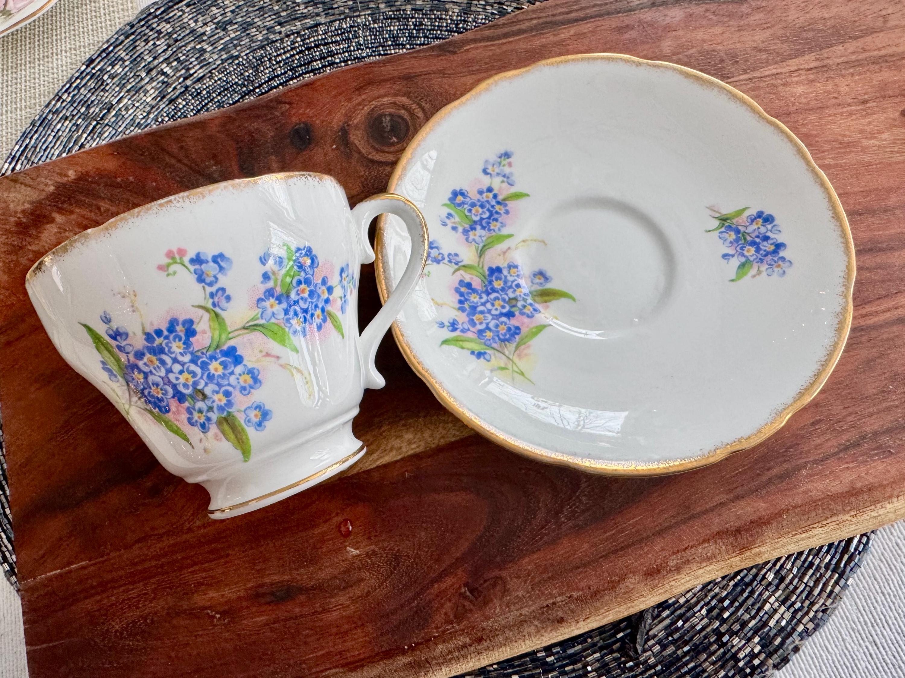 Salisbury Bone China Teacup & Saucer – Elegant Forget-Me-Not Floral Design