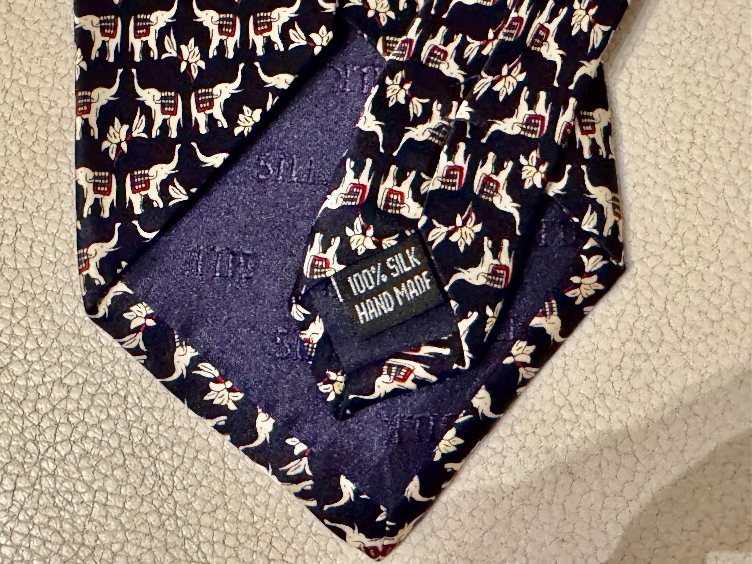 Vintage 100% Silk Elephant Tie — Hand Made — Navy Novelty Necktie