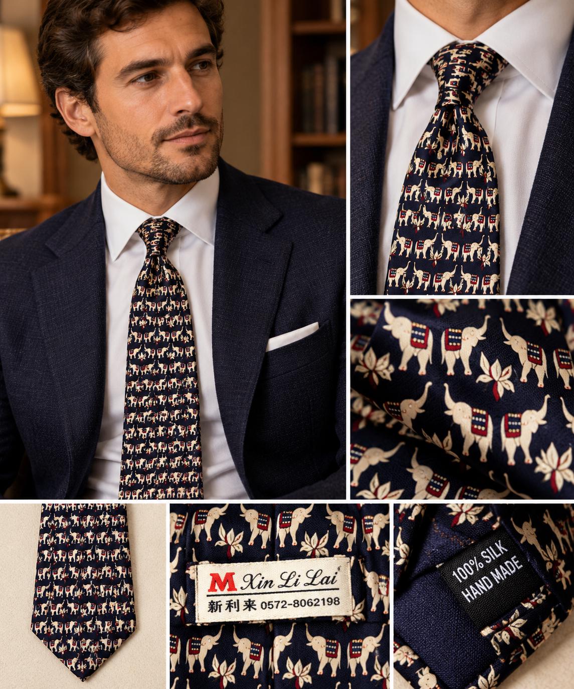 Vintage 100% Silk Elephant Tie — Hand Made — Navy Novelty Necktie