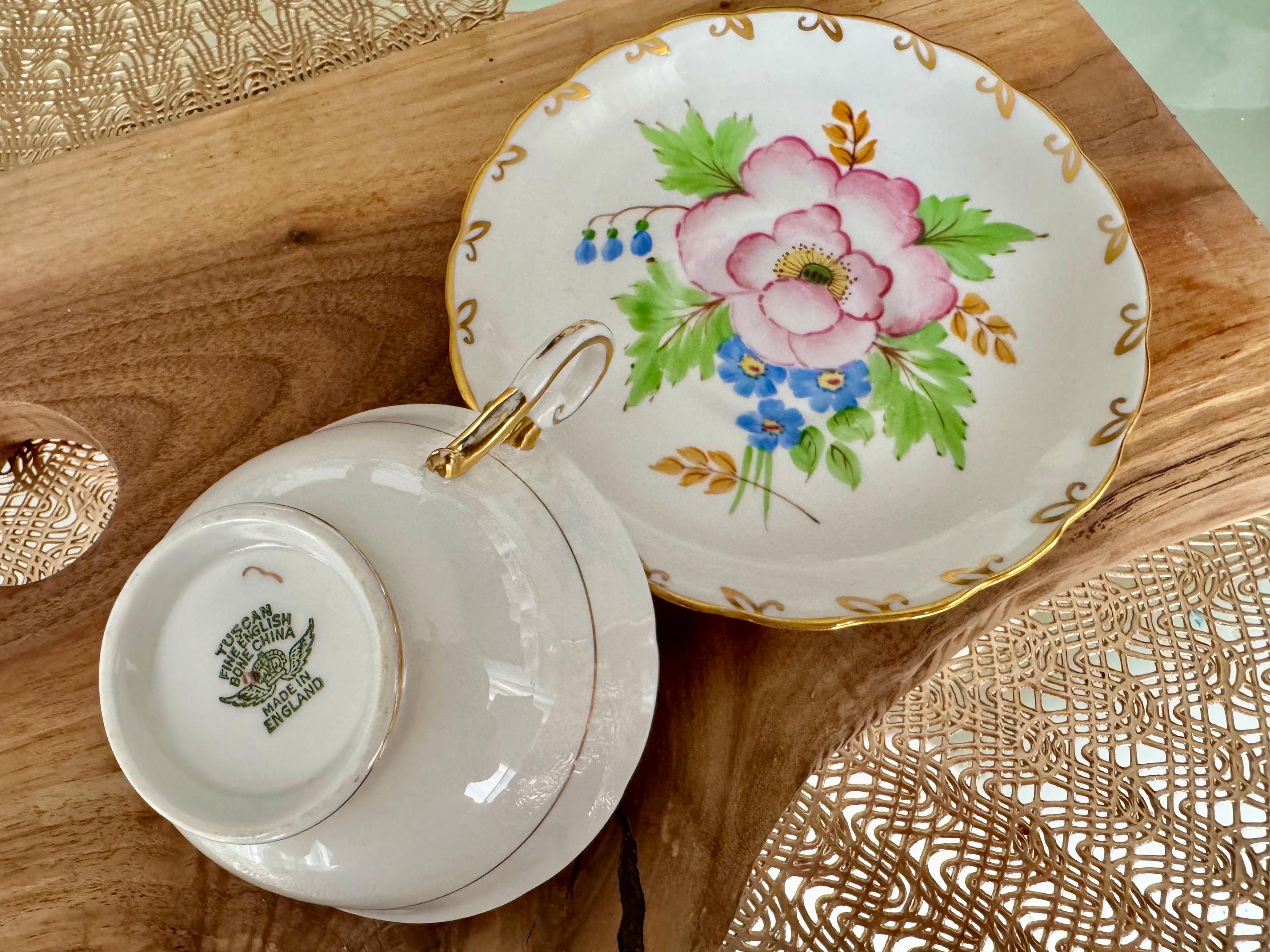 Vintage Tuscan Bone China Tea Cup and Saucer Set - Hand-Painted Floral Design