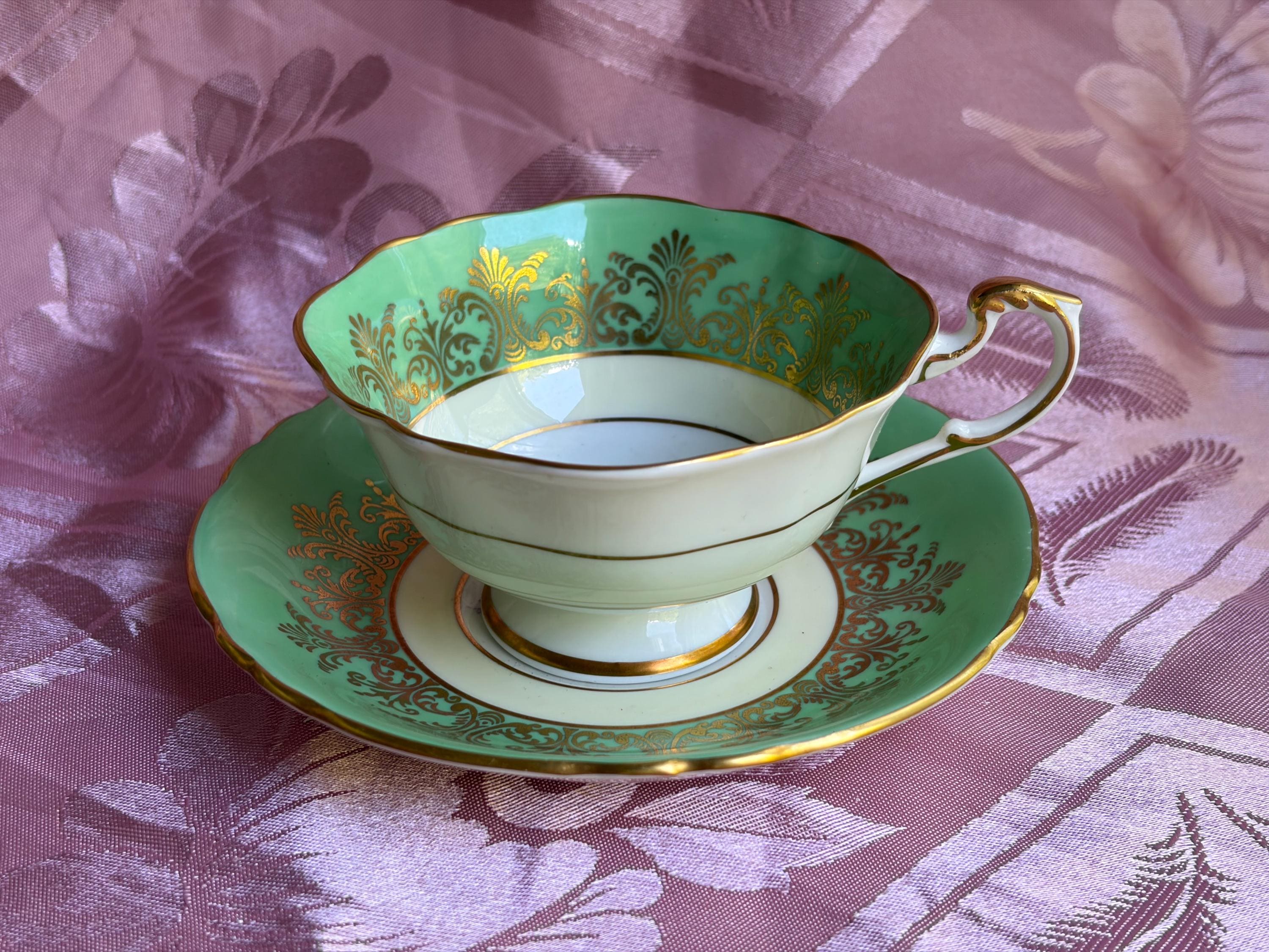Paragon “Mint Green with Golden Filigree” – Vintage Fine Bone China Cup & Saucer – England