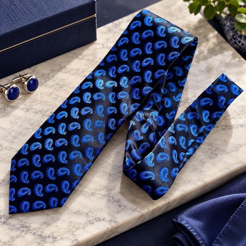 May include: A black necktie featuring a repeating blue paisley pattern, accompanied by a pair of round silver-toned cufflinks with dark blue circular insets. The necktie has a smooth, satin-like finish and a pointed end, displayed alongside the cufflinks.