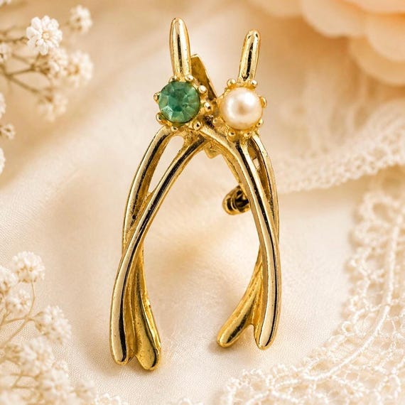 Vintage Double Wishbone Brooch – Gold Tone Pearl Green Stone Mid Century Modern Pin
