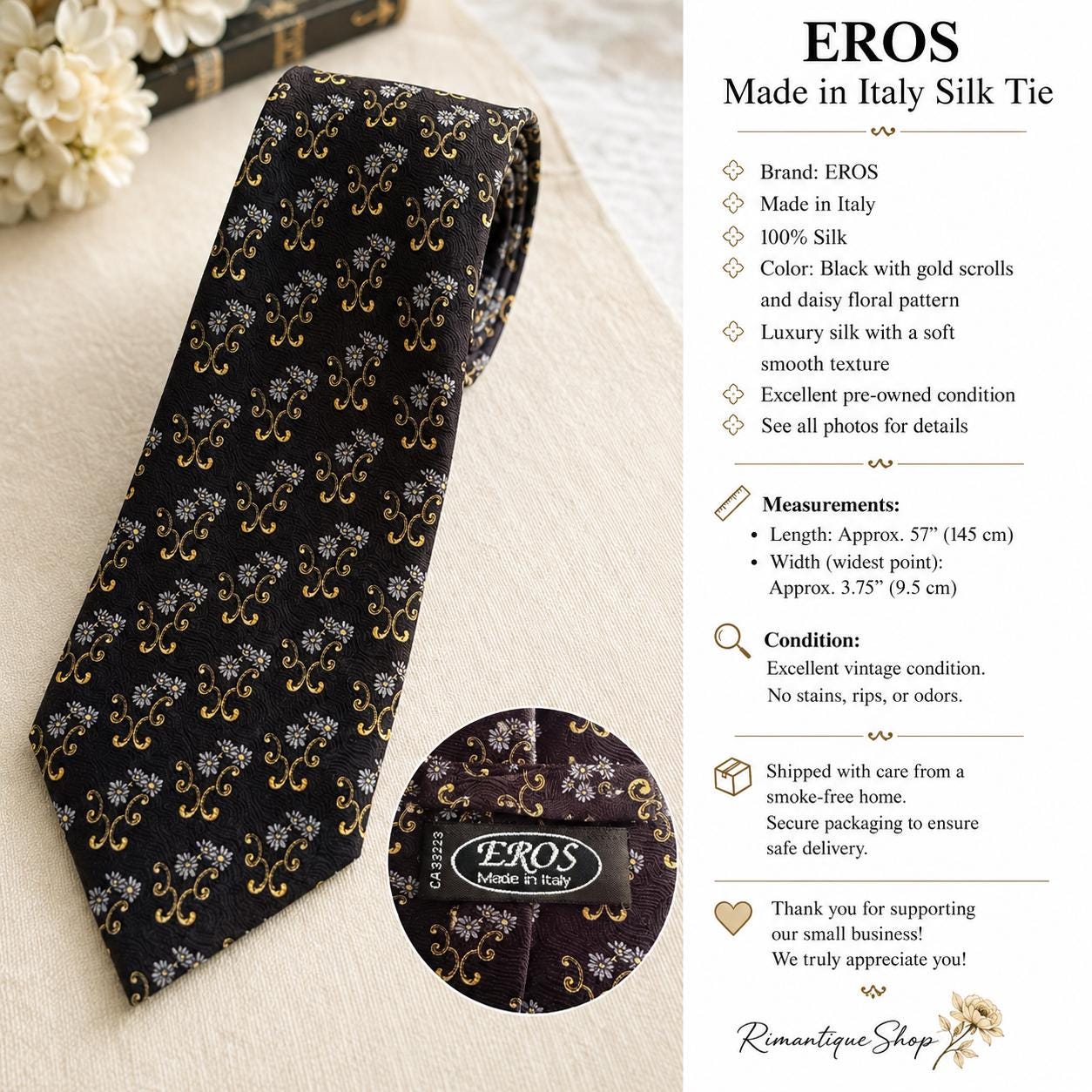 Vintage EROS Italian Silk Necktie – Black Gold Floral Scroll Designer Tie