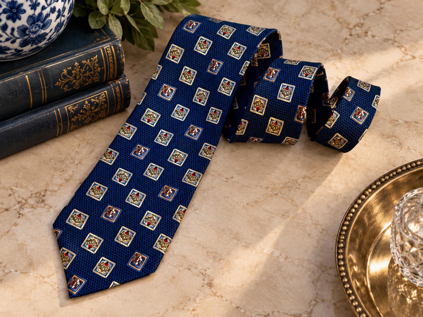 Vintage Bill Blass 100% Silk Tie — Made in Canada — Navy Geometric Medallion
