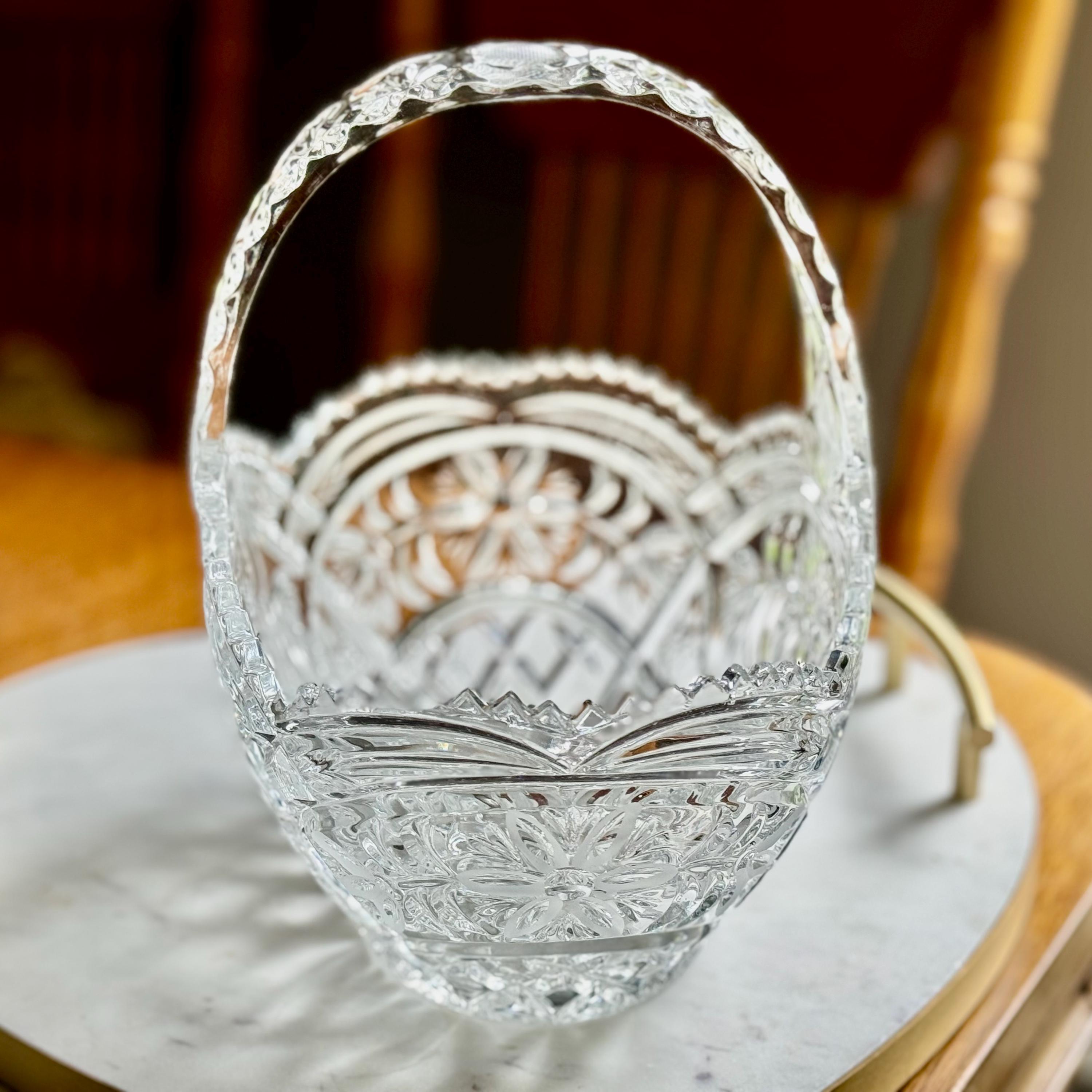 Vintage Pressed Glass Basket: Floral Pattern, Arched Handle, Scalloped Rim