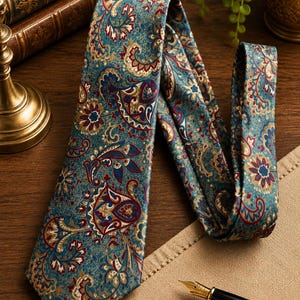 May include: A necktie featuring a detailed paisley pattern in shades of teal, deep red, and gold. The fabric has a textured appearance with intricate floral and swirling motifs distributed across the entire surface of the long, pointed accessory.