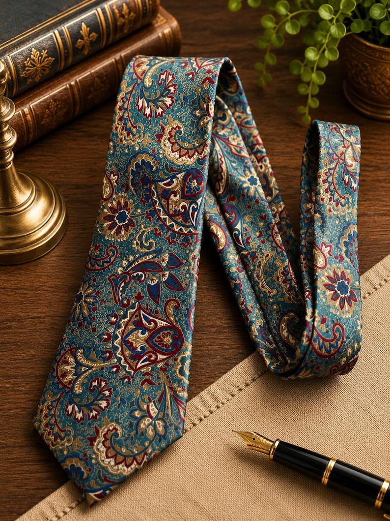 May include: A necktie featuring a detailed paisley pattern in shades of teal, deep red, and gold. The fabric has a textured appearance with intricate floral and swirling motifs distributed across the entire surface of the long, pointed accessory.