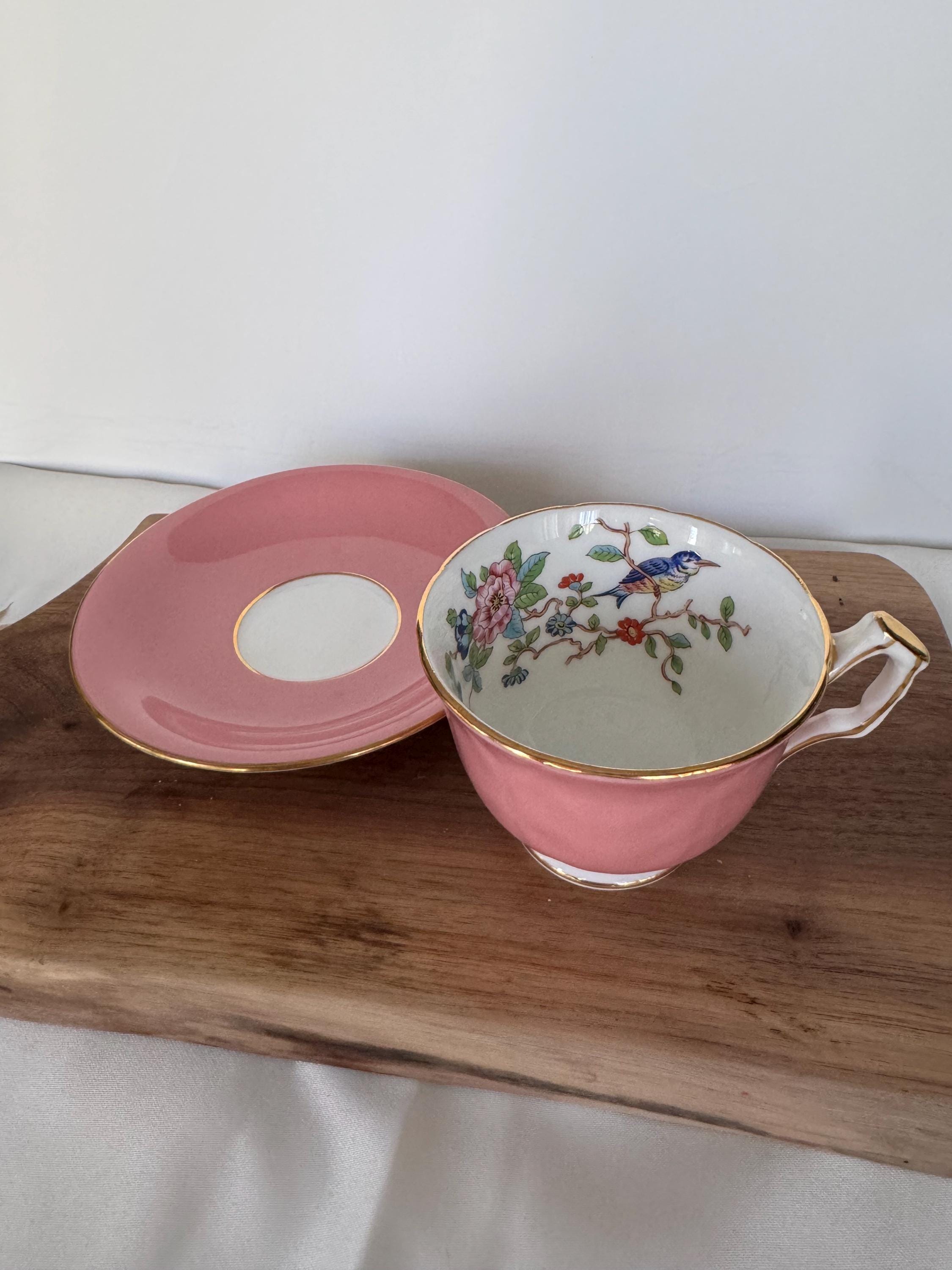 Rare Vintage Aynsley “Pembroke” Teacup & Saucer – Pink with Bird and Blossom Interior!