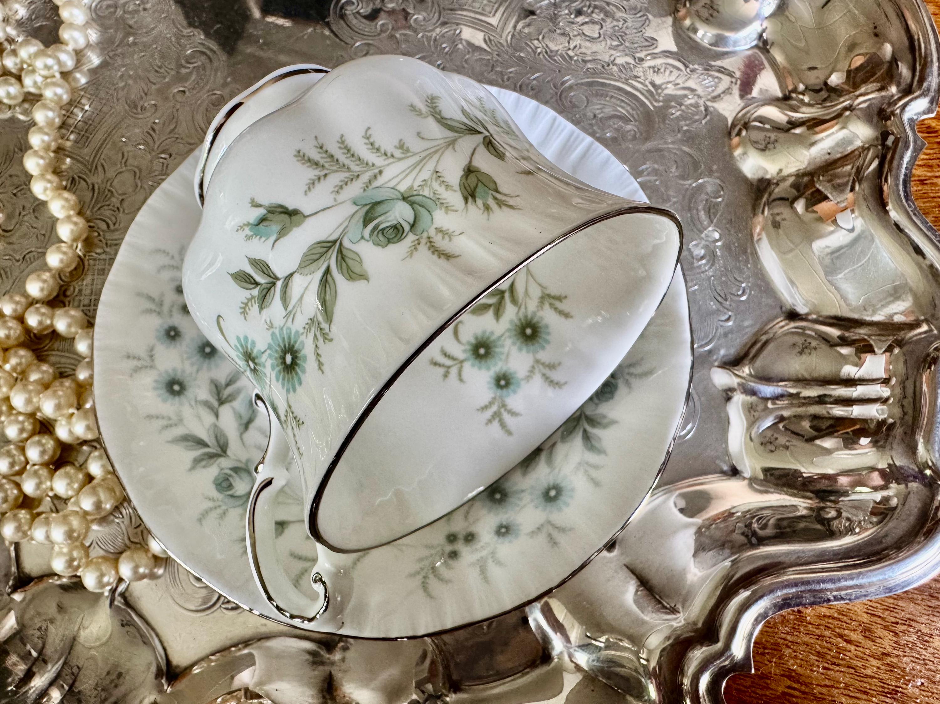 Vintage Paragon “Debutante” Teacup & Saucer Set – Pale Blue Florals Silver Rim