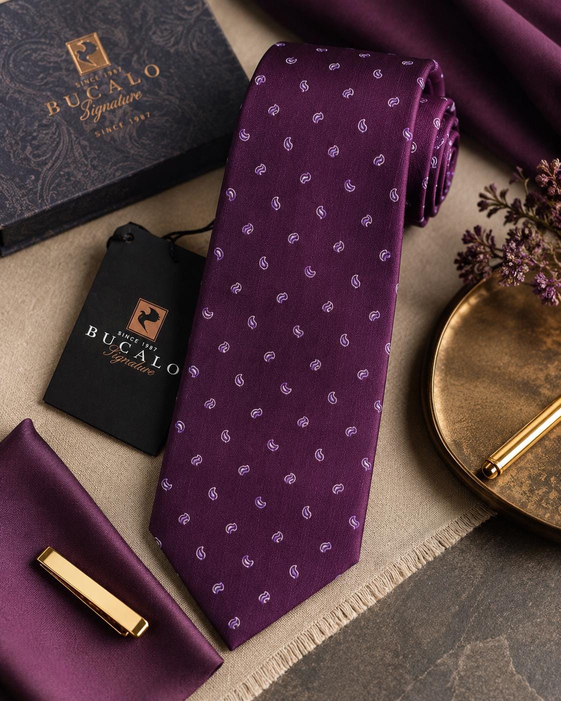 Bucalo Signature Italian Silk Tie – Burgundy Paisley Necktie – Brand New Tags