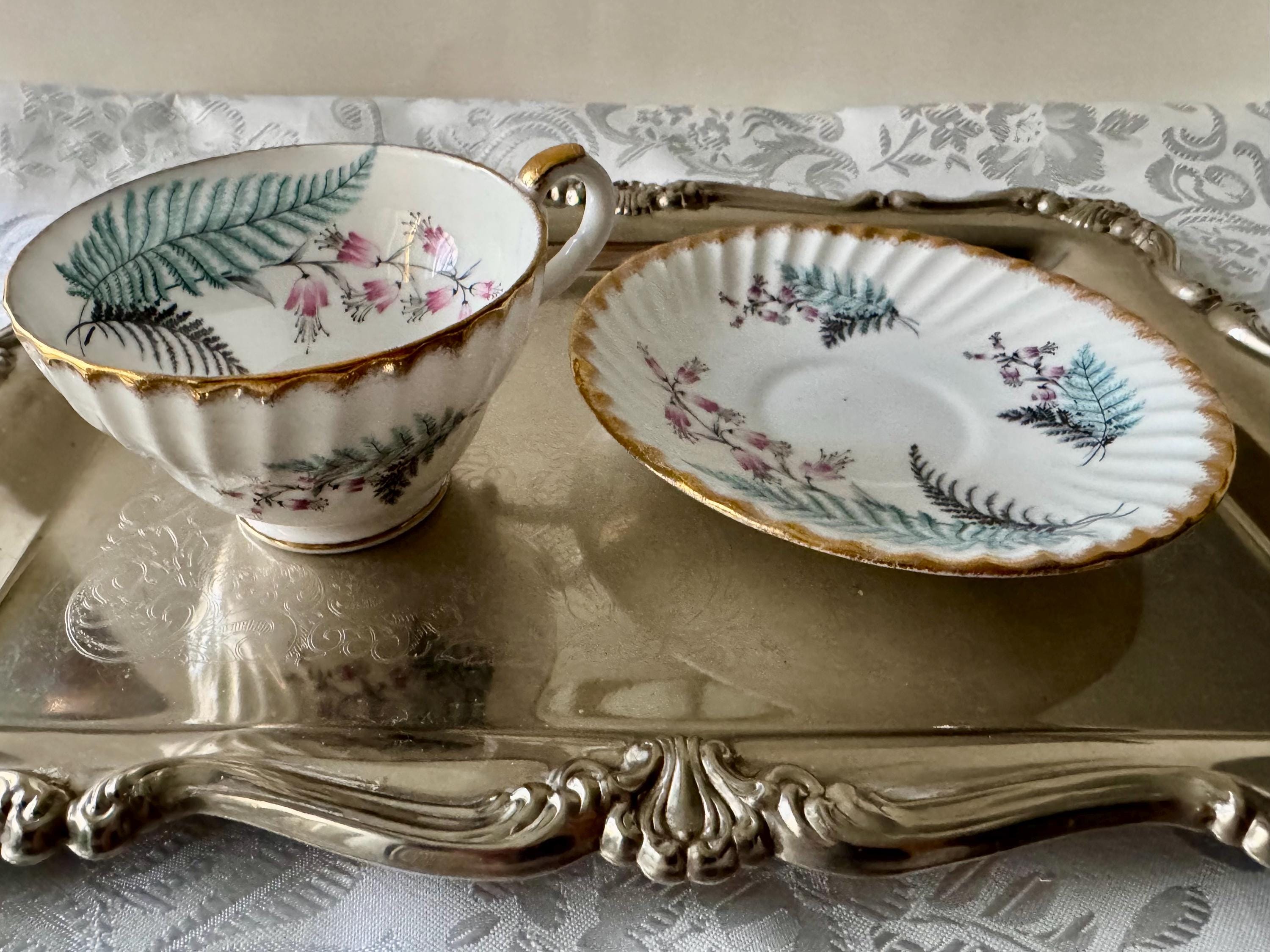 Vintage Stanley Bone China Teacup Set – Fern & Heather, Gold Trim