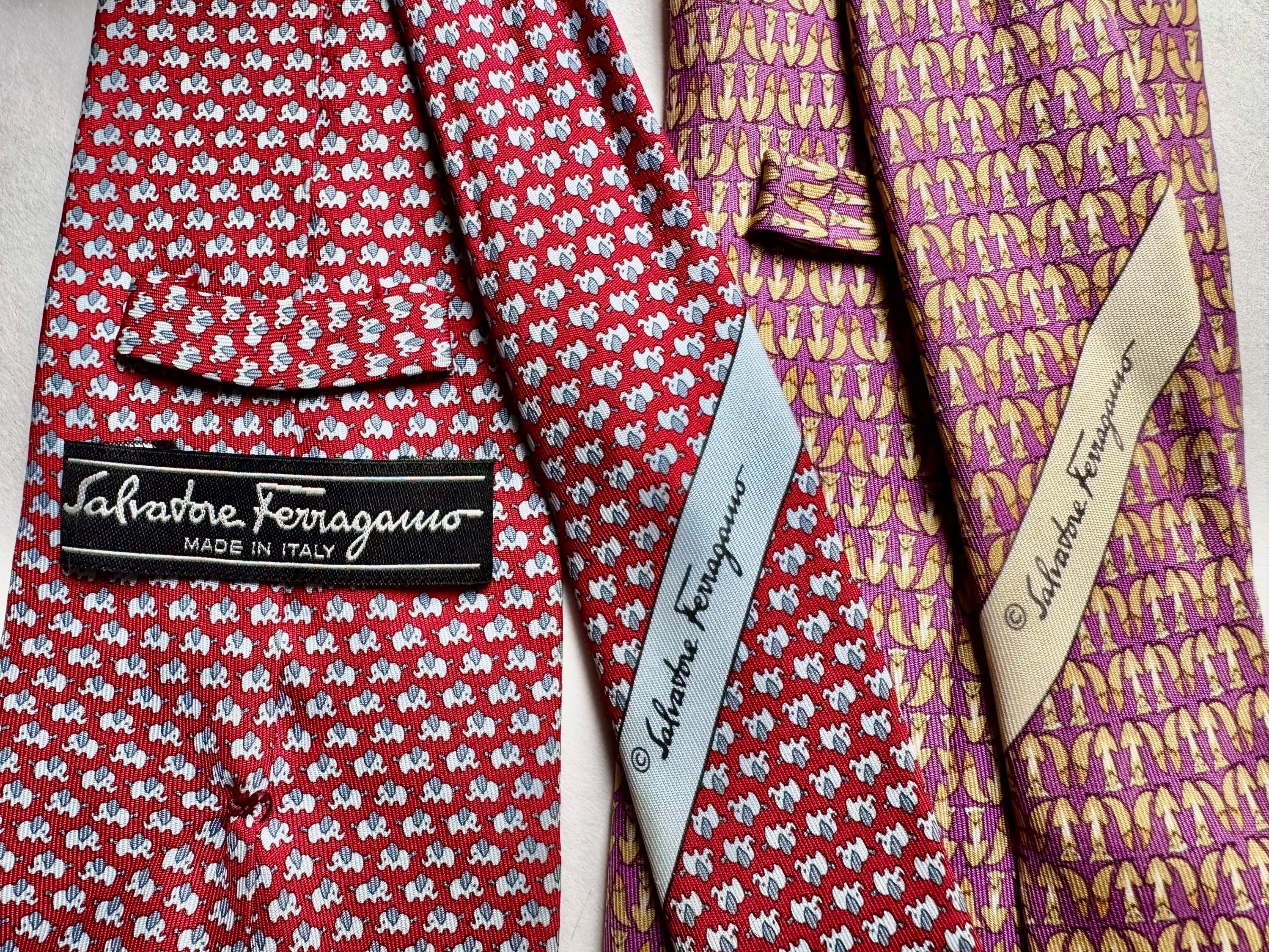 Salvatore Ferragamo Silk Ties – Fox & Elephant Animal Motifs – Designer Neckties – Choice of Two