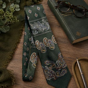 May include: A dark green necktie featuring a repeating pattern of small diamonds at the top, followed by a horizontal band of intricate white paisley designs, and larger, colorful paisley motifs in shades of blue, gold, and orange toward the bottom.