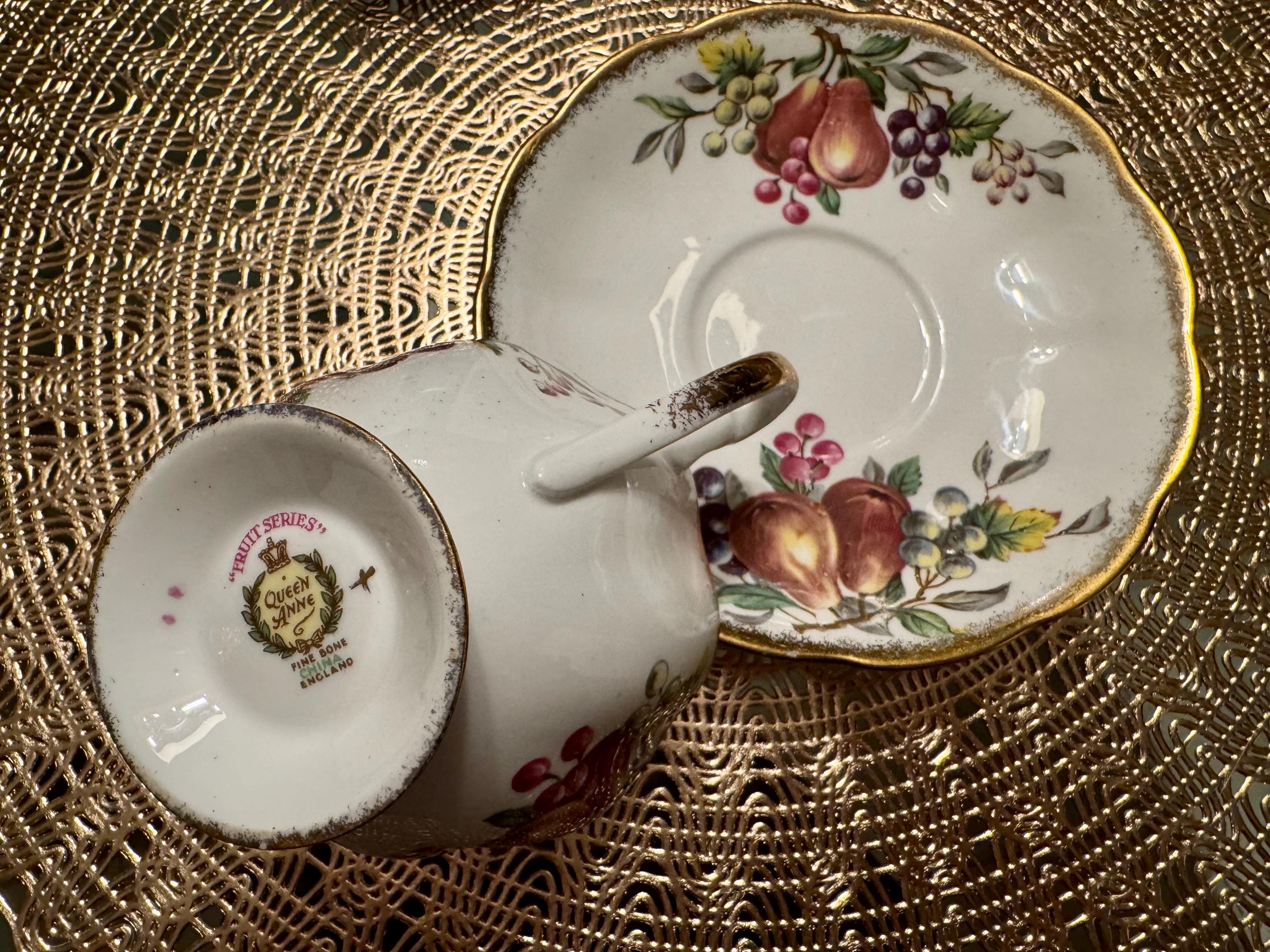 Vintage Queen Anne “Harvest Fruits” Teacup and Saucer Set - Elegant Fruit Design