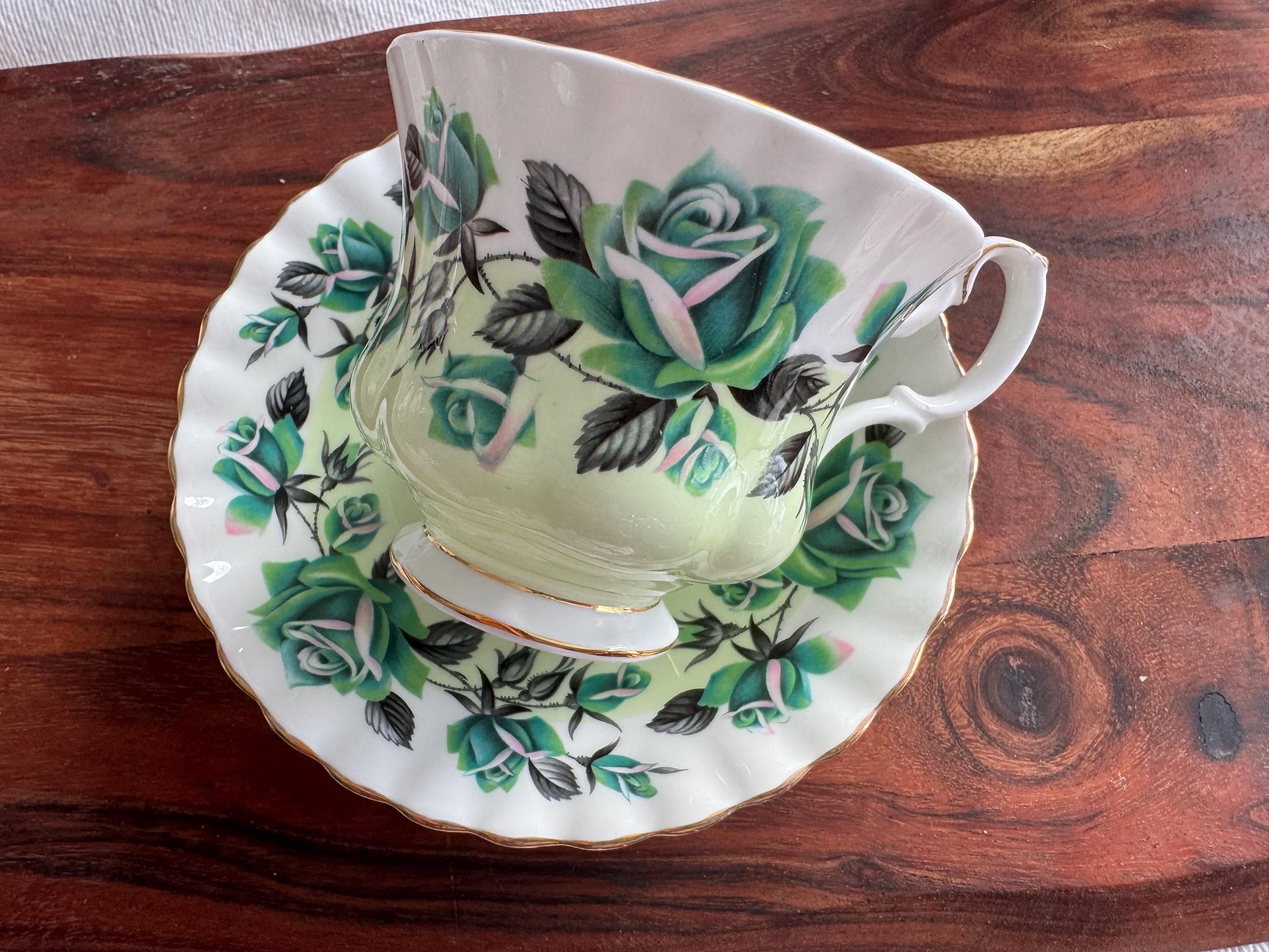 Royal Albert Lakeside Series “Grasmere” Bell-Shaped Teacup & Saucer - Green Rose Elegance