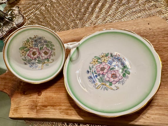 Vintage Royal Albert Bone China Cup and Saucer: Floral Bouquet, Green Trim
