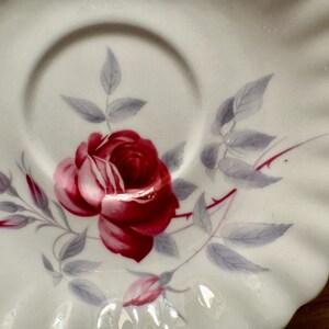 May include: A white porcelain saucer with a scalloped edge features a hand-painted design of a single red rose with gray leaves. The saucer is perfect for tea or coffee.