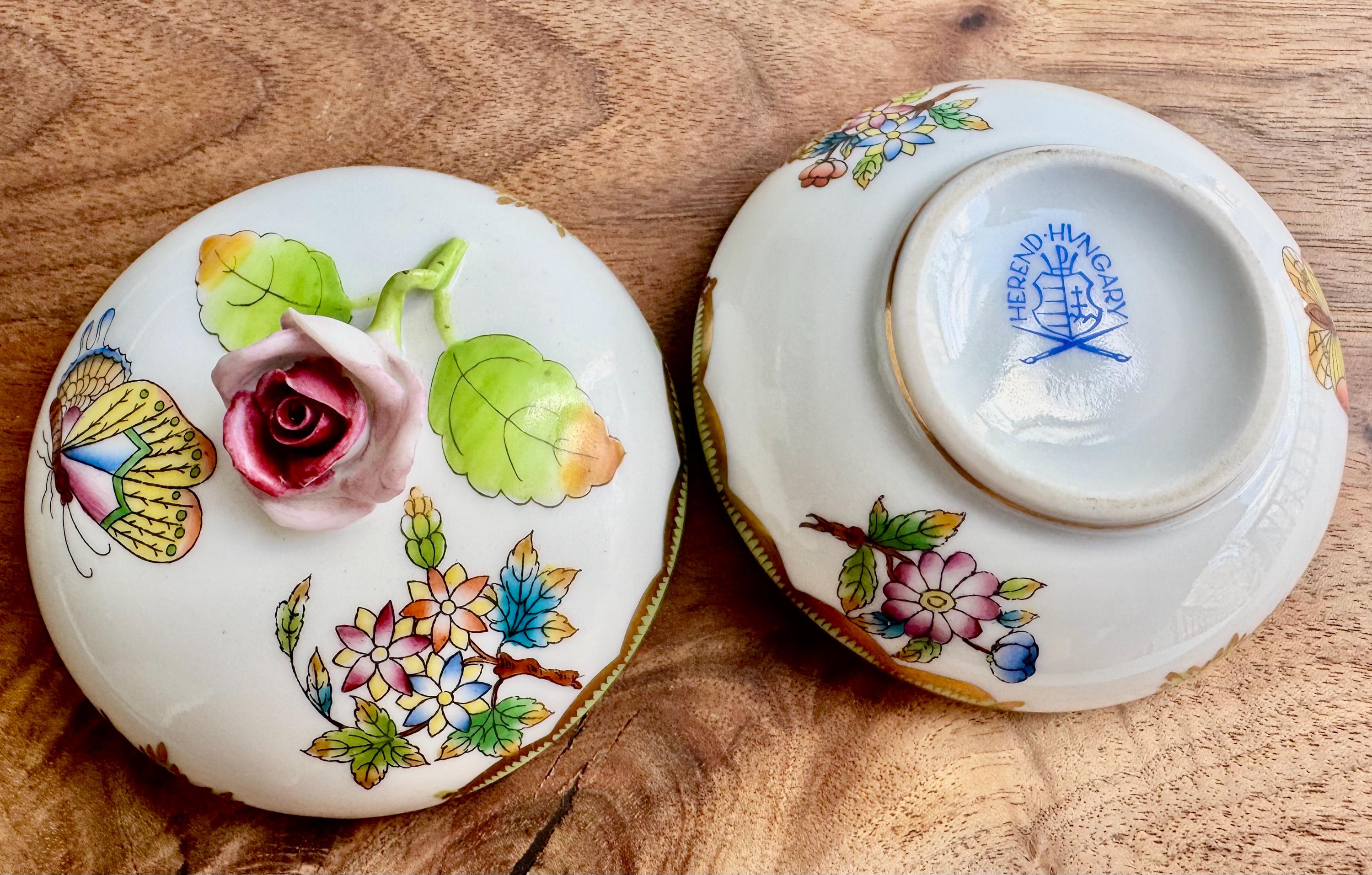 Vintage Herend Hungary Porcelain Trinket Box – Butterfly, Florals & 3D Rose Finial – Hand-Painted