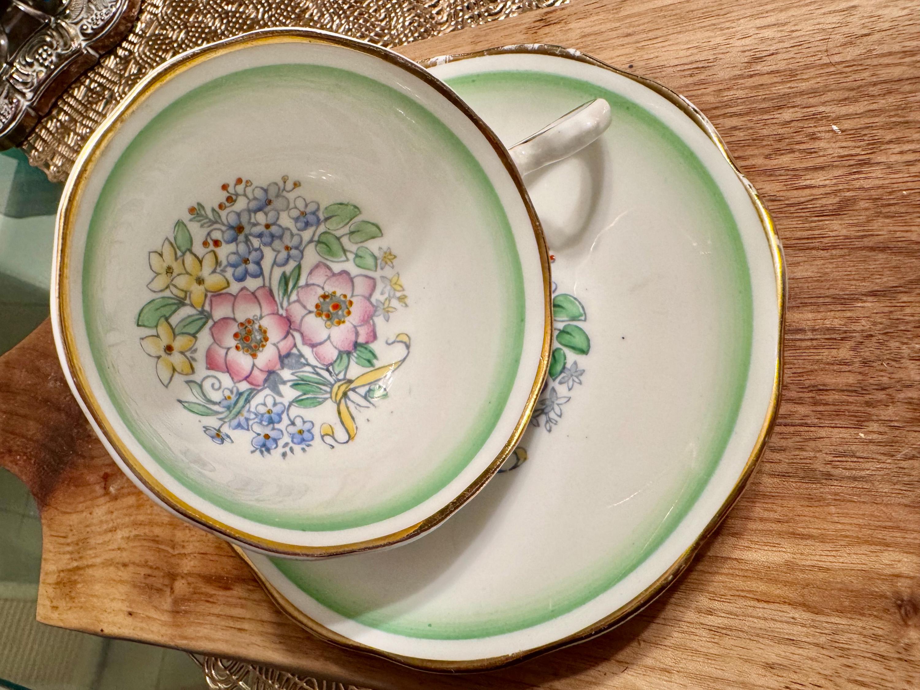 Vintage Royal Albert Bone China Cup and Saucer: Floral Bouquet, Green Trim