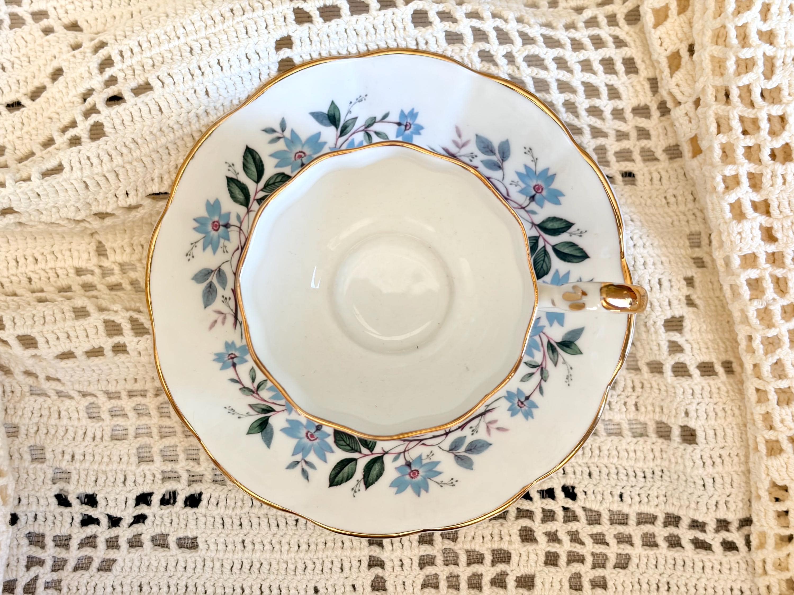 Vintage Stratford Bone China Teacup & Saucer Set – Blue Floral Pattern – Made in England