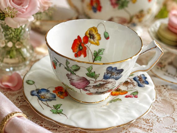 Vintage Aynsley Bone China Teacup Saucer – Poppy Garden Floral Gold Trim