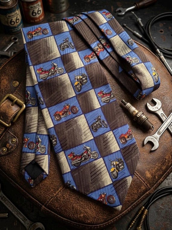 Vintage SAZZARI Silk Necktie – Motorcycle Print, Made in Italy