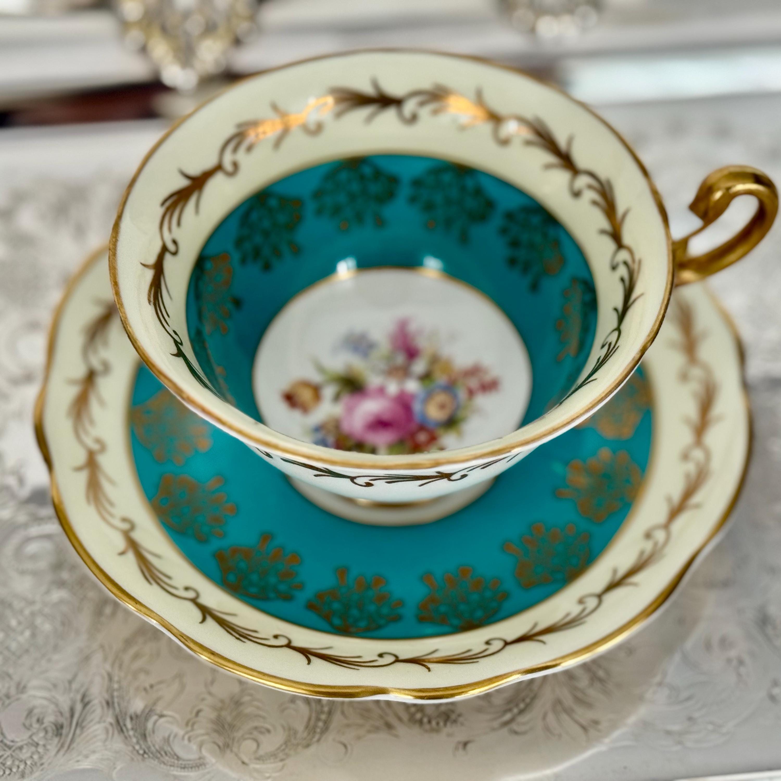 Vintage Foley Bone China Teacup & Saucer – Turquoise Gold with Floral Bouquet – Made in England