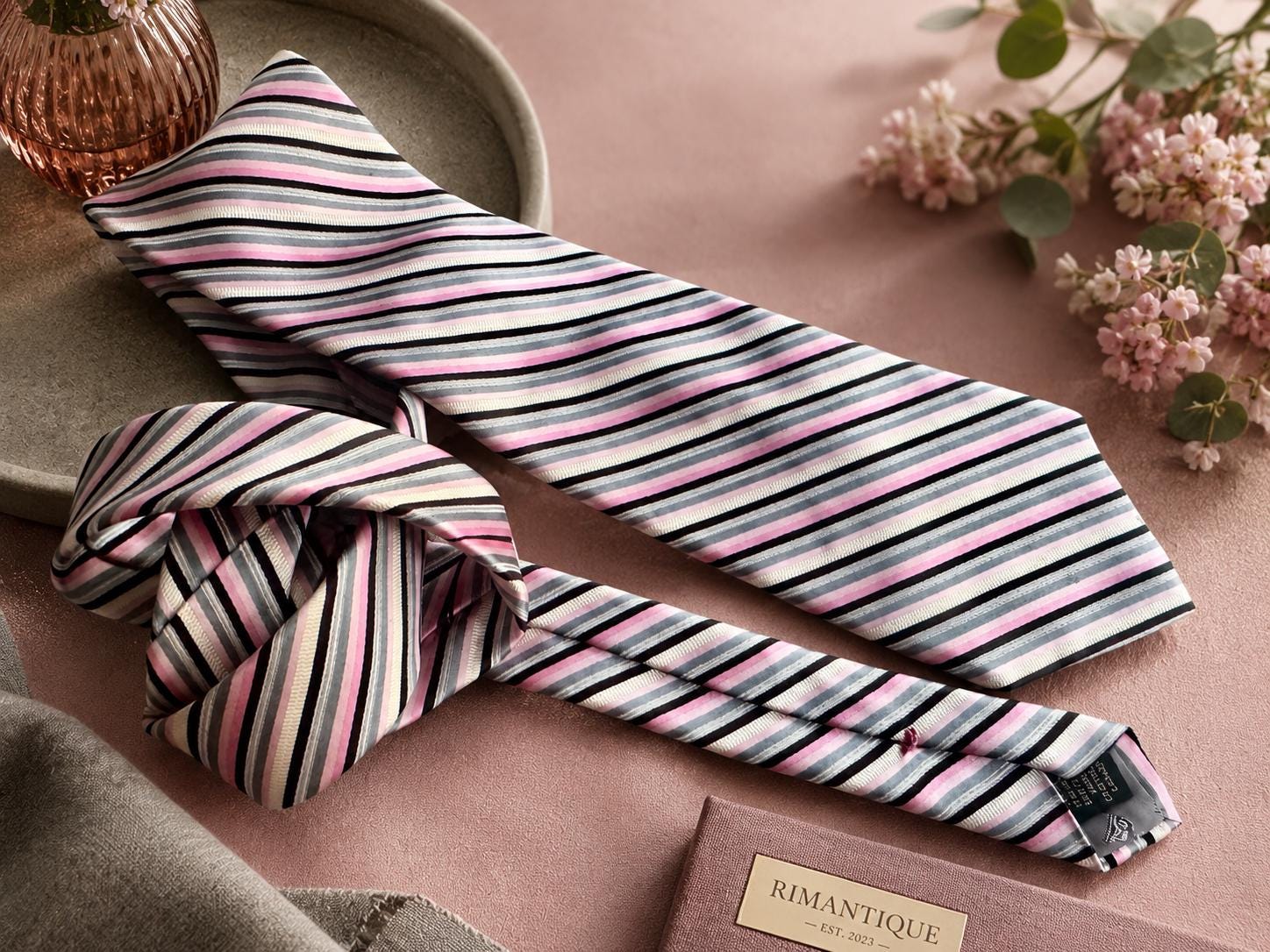 Dion Signature Vintage Italian Silk Necktie | Pink Grey Stripe, Hand Crafted Canada