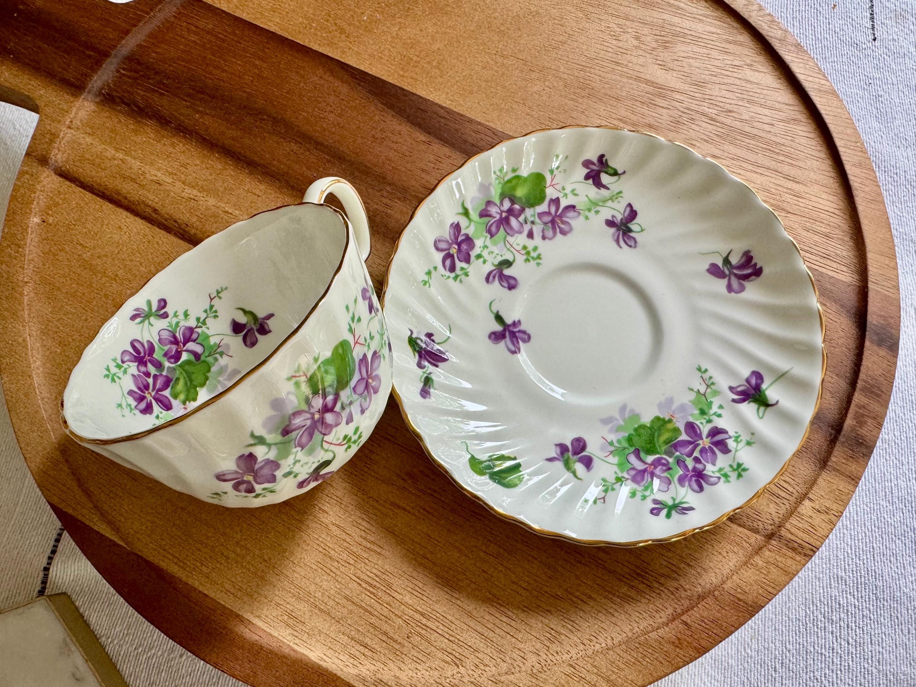 Vintage Adderley Teacup & Saucer – Forget Me Nots or Purple Violets – England – Swirl Shape
