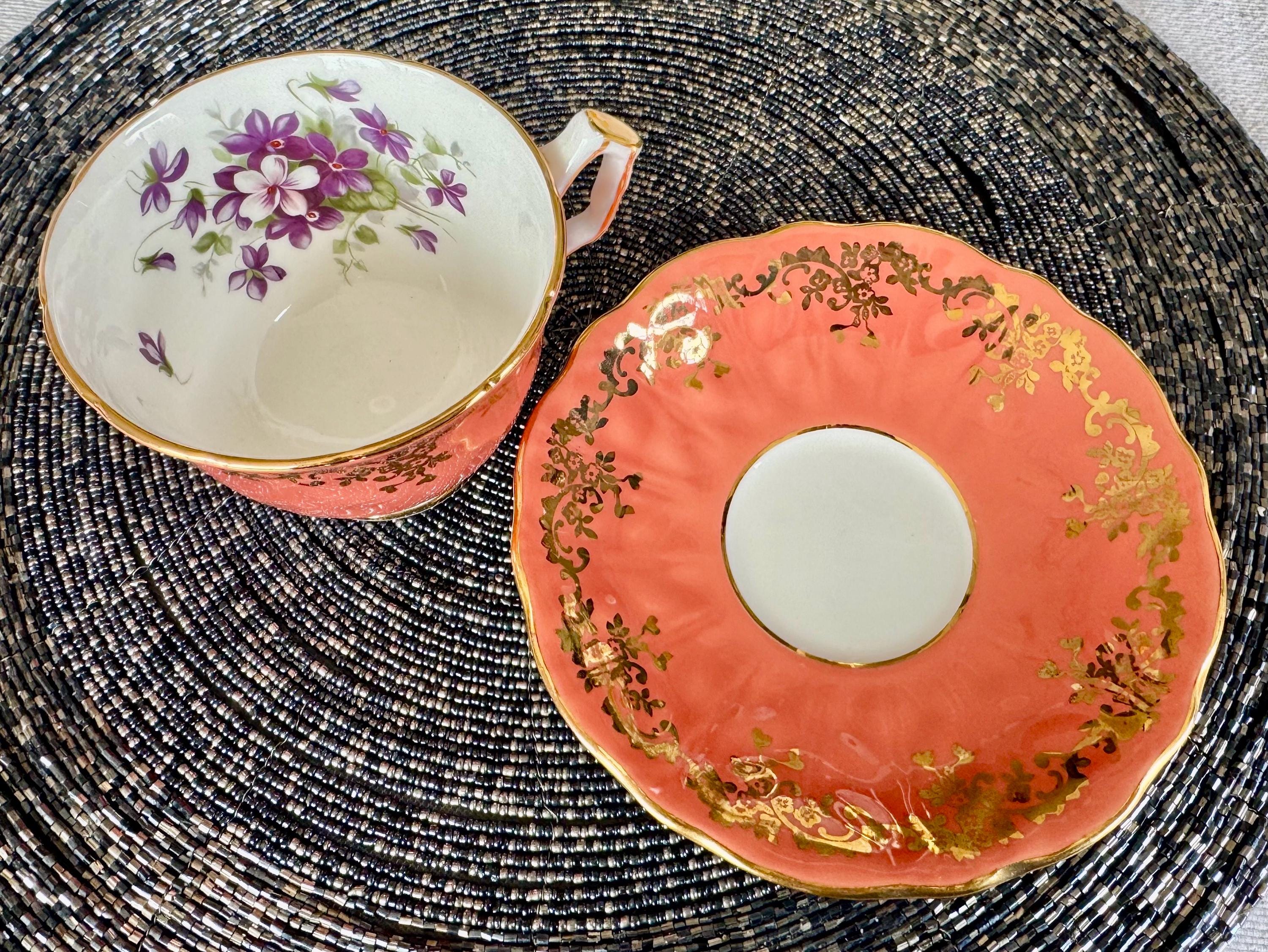 Rare Vintage Aynsley Teacup & Saucer – Coral Lustre with Violets Inside!