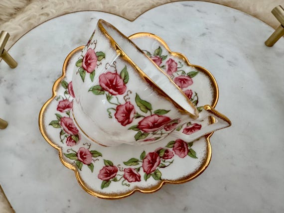 Vintage Salisbury Bone China Teacup & Saucer – Woodbine Morning Glories with Gold Rim